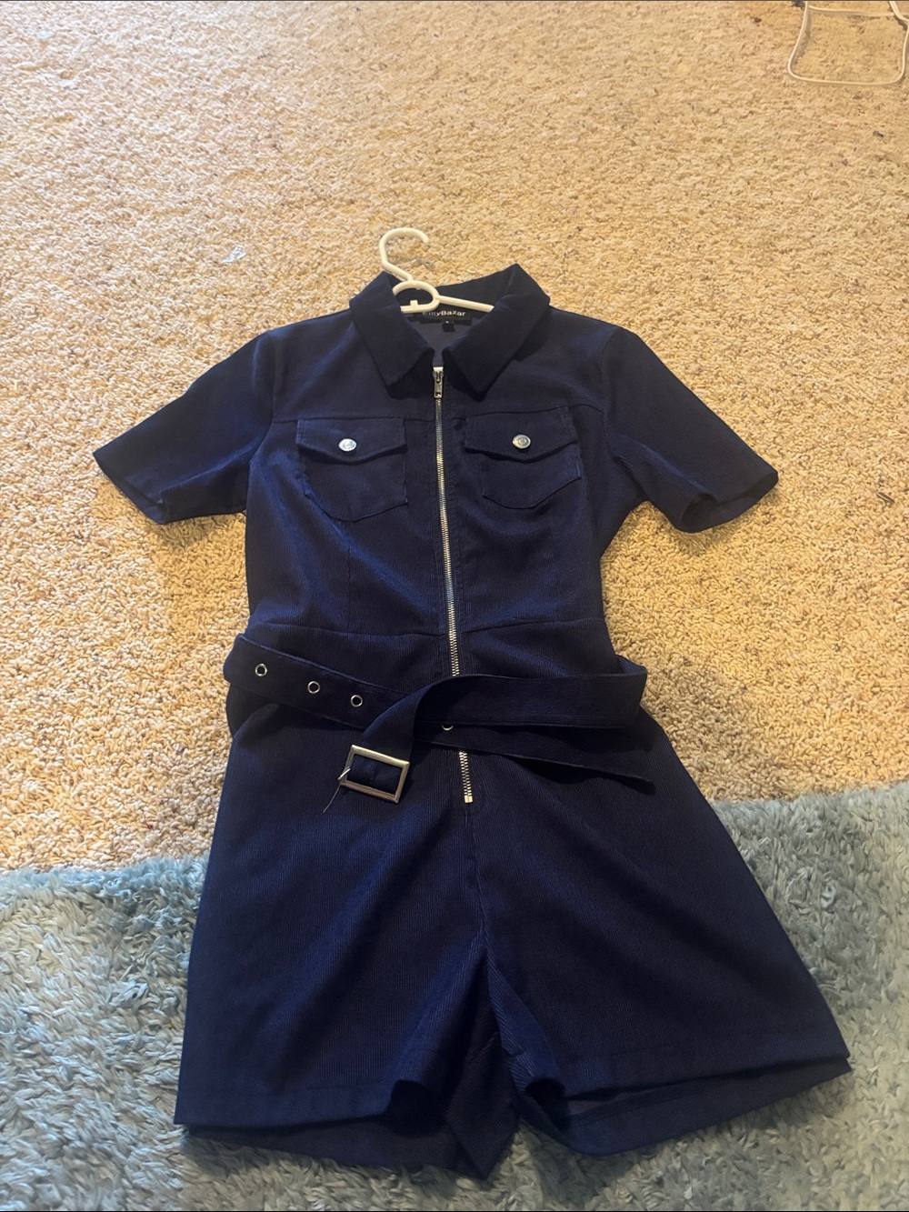 Navy Short Sleeve Zip-Front Mini Romper Dress